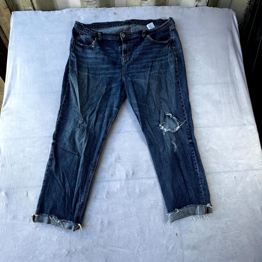 Womens Relaxed Straight Leg Jeans 14 Blue Whiskering Denim Cotton Cuffed Raw Hem